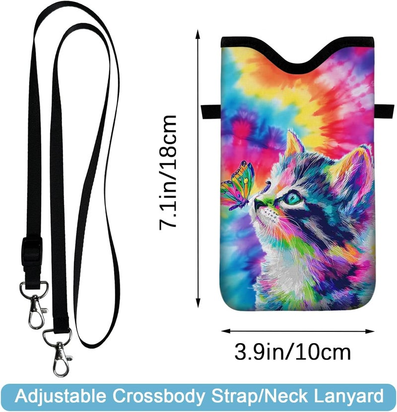 otilil Neoprene Cell Phone Sleeve Pouch Case Bag with Crossbody Strap Neck Lanyard for Women 7.1 X 3.9 in Tie Dye Cat - Image 2